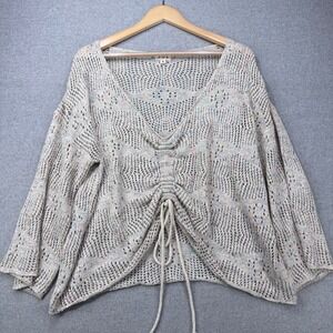 POL Open Knit Crochet Sweater Beige Multicolored Dolman Sleeve Ruched Size S